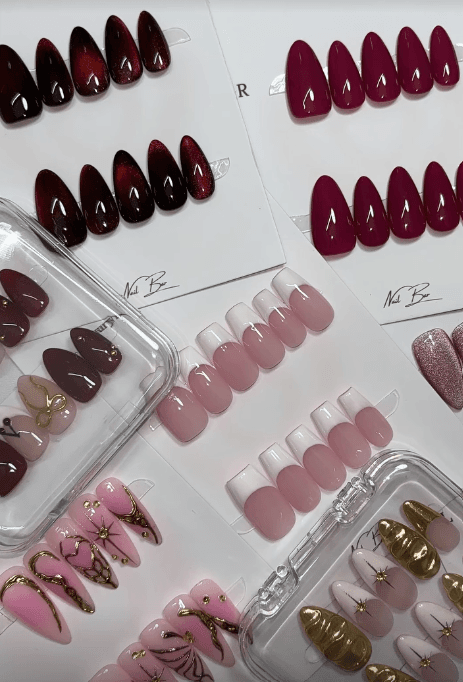 Finished sets laid out together, burgundy through to gold