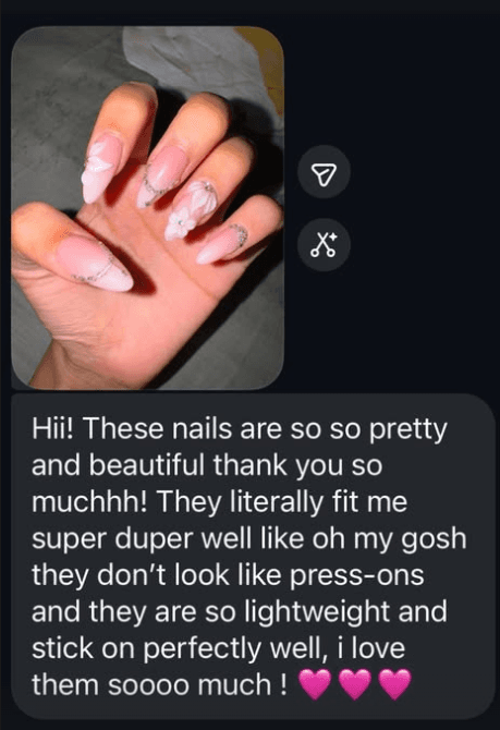 A customer writes that the nails are beautiful, fit her well and do not look like press-ons