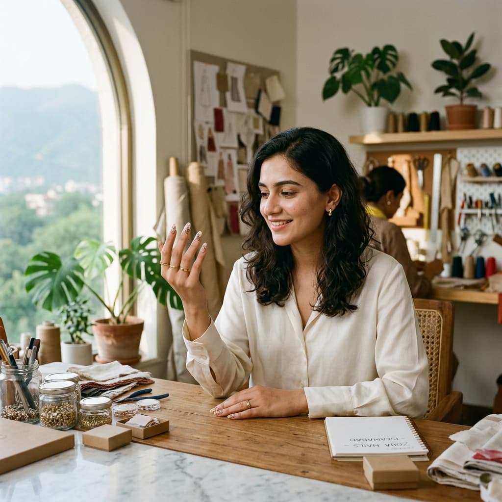 The founder's own hands wearing a set she made