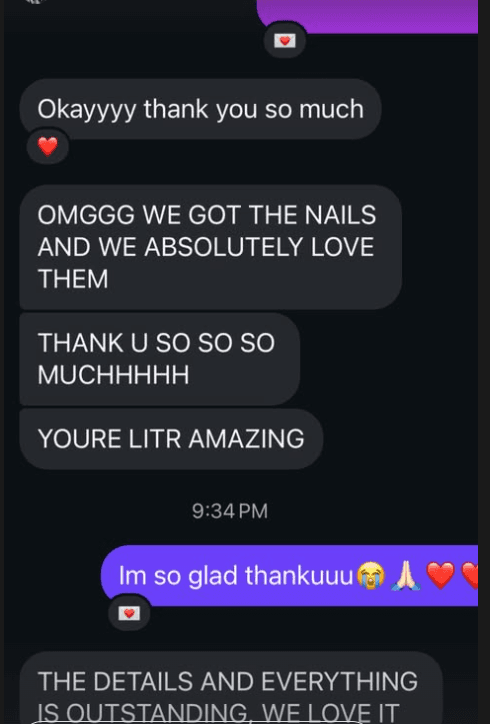 A customer writes that they received the nails and absolutely love them