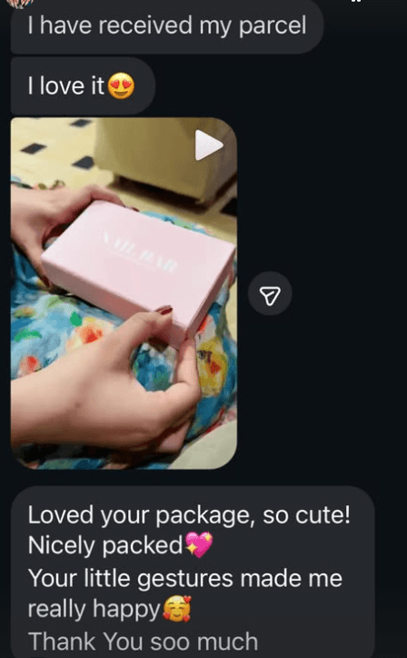 A customer writes that the package was nicely packed and the small gestures made her happy