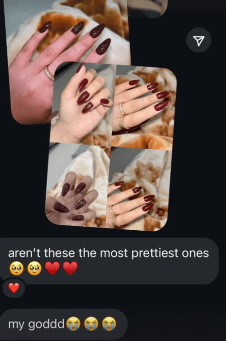 A customer sends photographs of a deep red set and calls them the prettiest